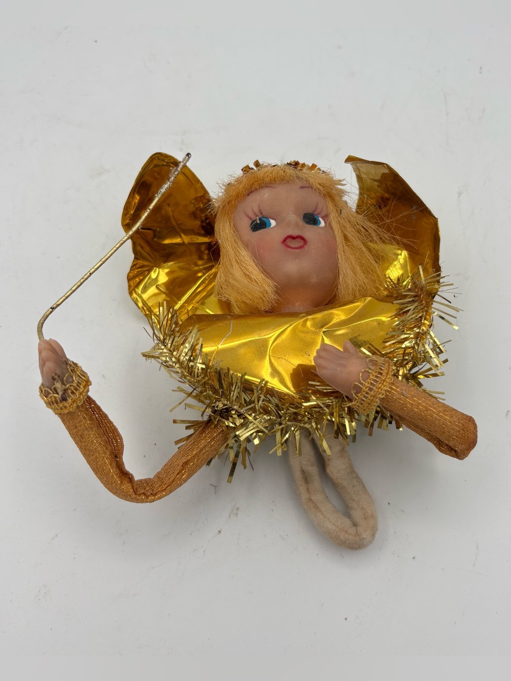Vintage MCM 50’s Angel Christmas Tree Topper Ornament Gold Tinsel Foil Japan